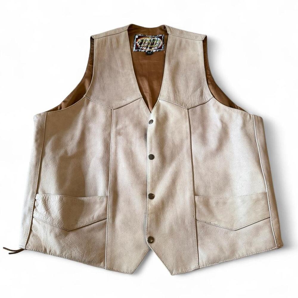 Vintage 90s Frontier Leathers Tan Western Lace Up Biker Moto Vest Size 52 XL